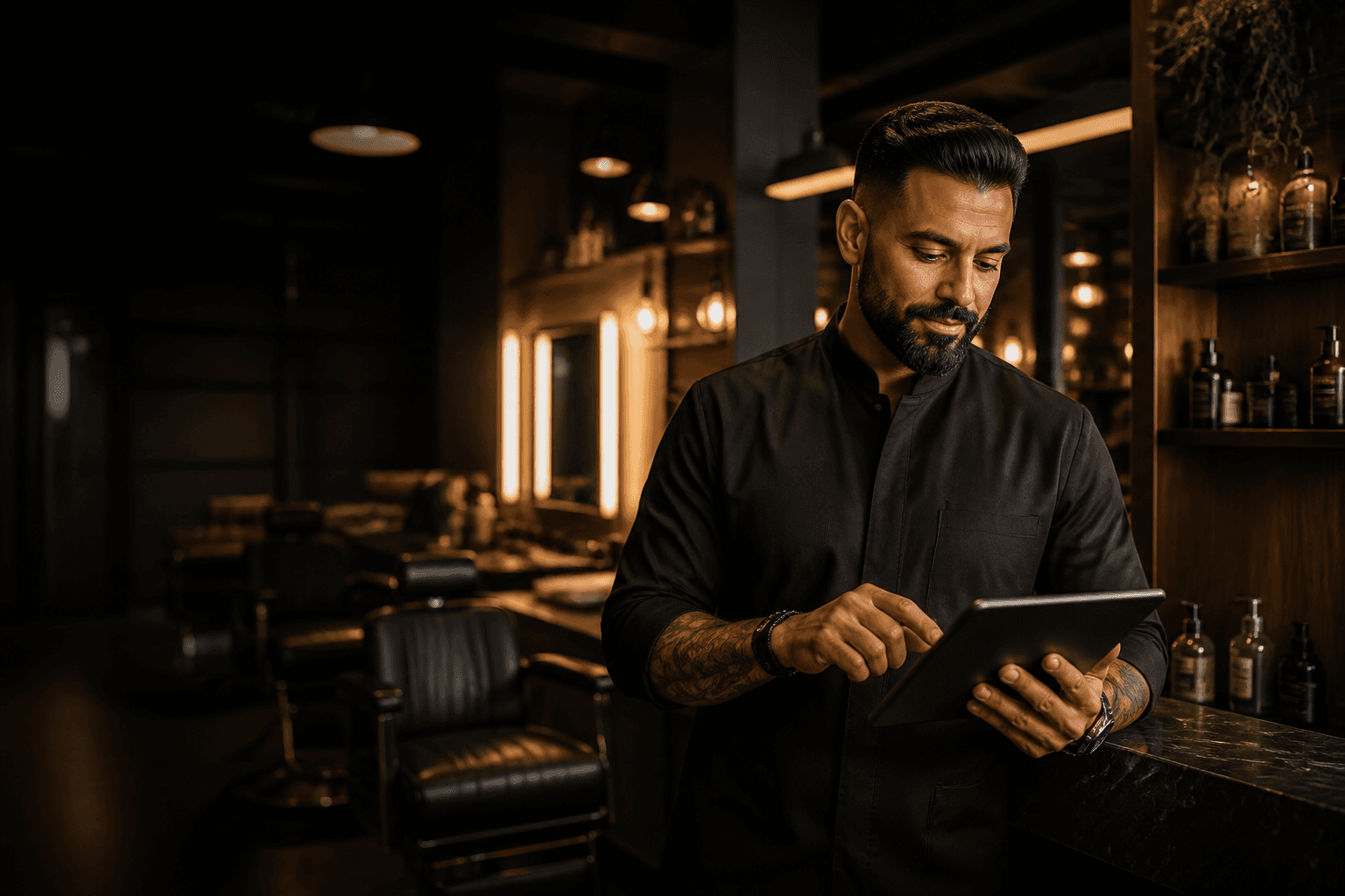 Profissional gerenciando a agenda da barbearia em um tablet